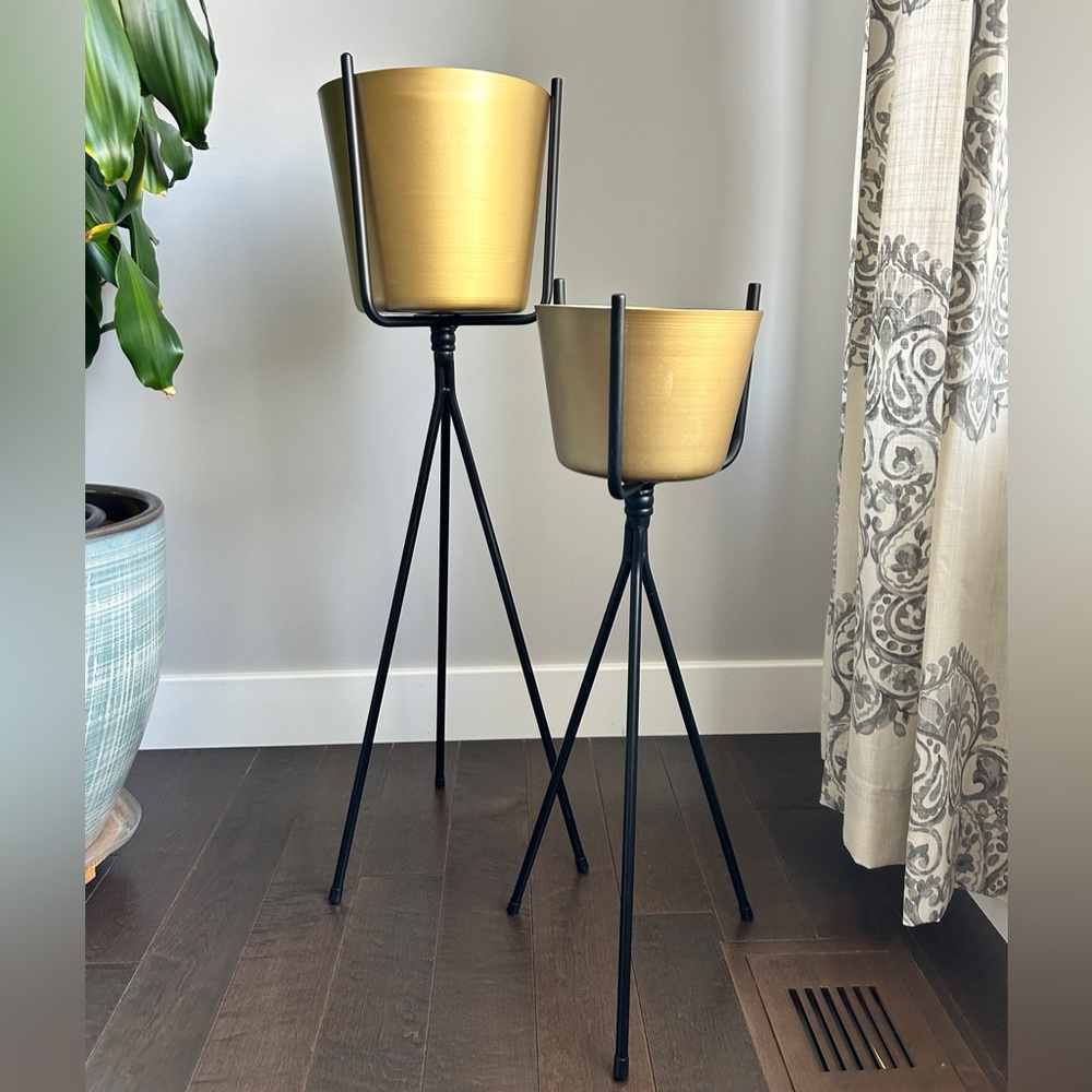 Gold and Black Modern Planters w Tripod Style Stands